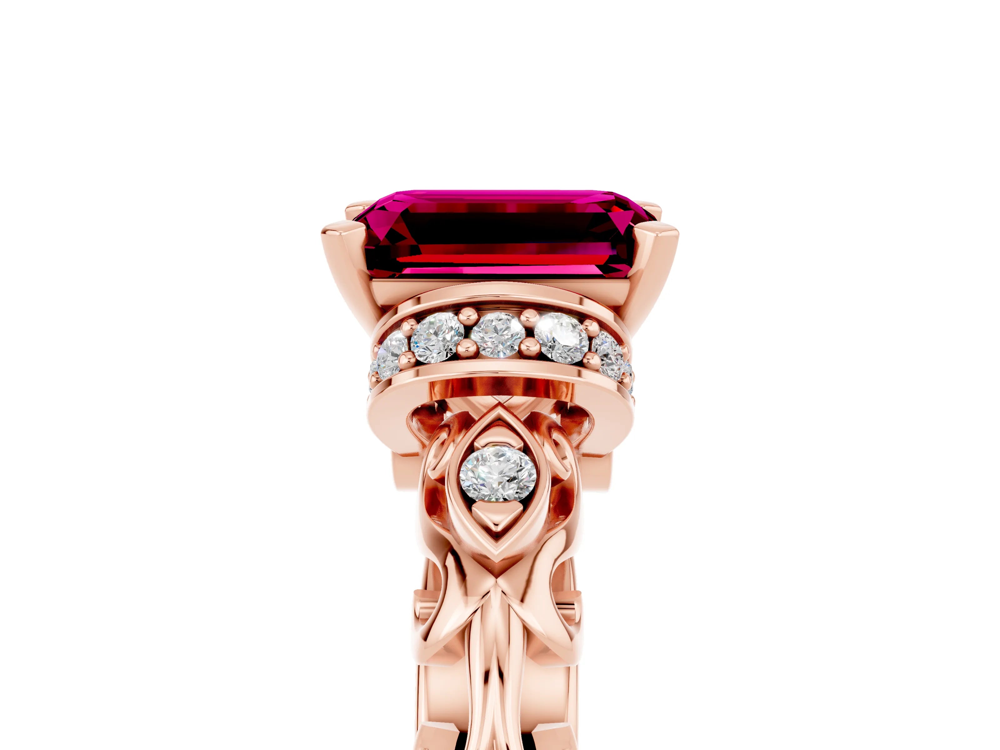 Rose gold Emerald Cut Garnet Solitaire Ring with Filigree Band and Four-Prong Setting_29
