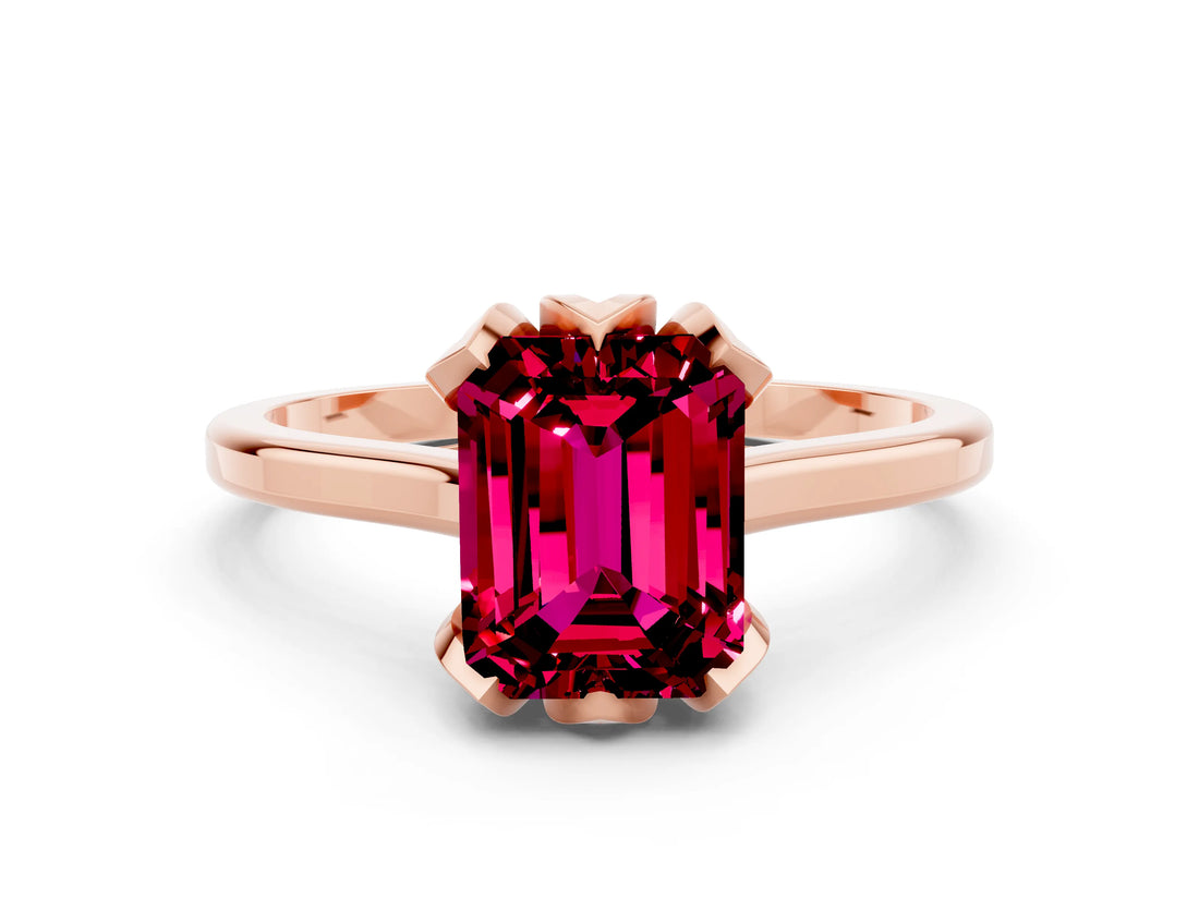 Rose gold Emerald Cut Garnet Solitaire Ring with Flower Prong Setting and Classic Band_12