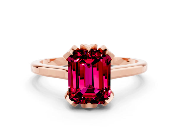 Rose gold Emerald Cut Garnet Solitaire Ring with Flower Prong Setting and Classic Band