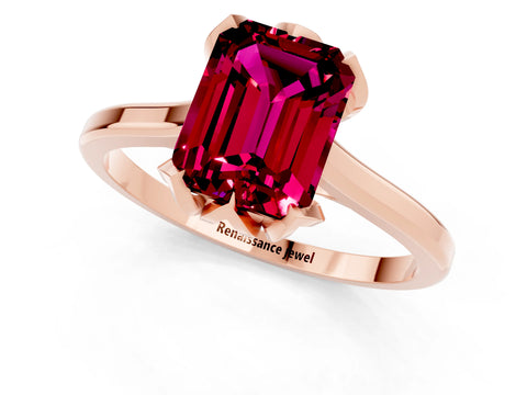 Rose gold Emerald Cut Garnet Solitaire Ring with Flower Prong Setting and Classic Band_13