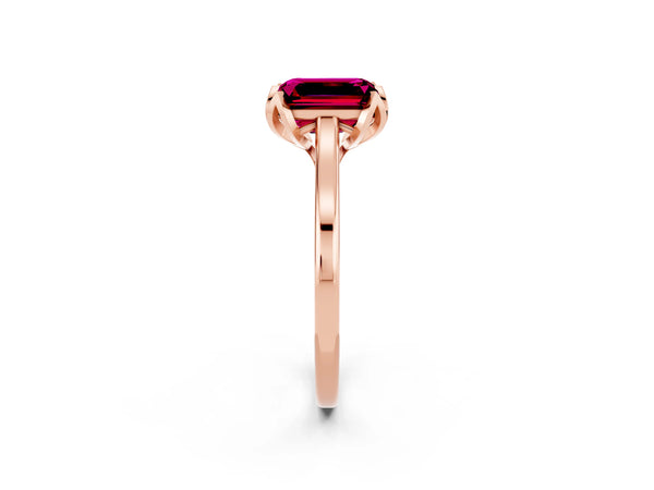 Rose gold Emerald Cut Garnet Solitaire Ring with Flower Prong Setting and Classic Band