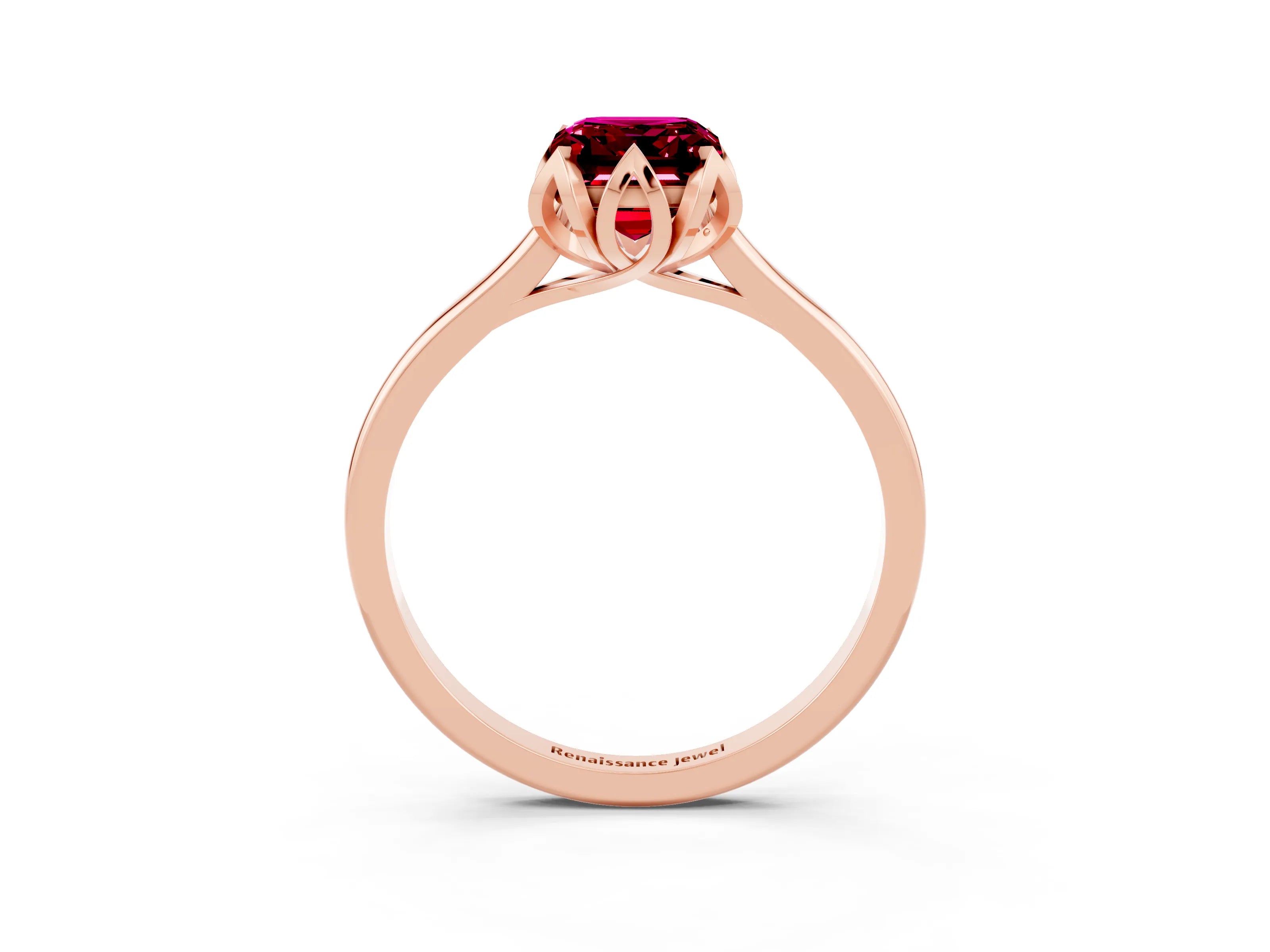 Rose gold Emerald Cut Garnet Solitaire Ring with Flower Prong Setting and Classic Band_15