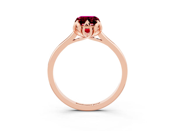 Rose gold Emerald Cut Garnet Solitaire Ring with Flower Prong Setting and Classic Band