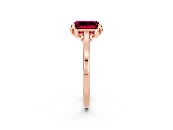 Rose Gold Emerald Cut Garnet Floral Solitaire Engagement Ring with Flower Prong Head and Plain Band