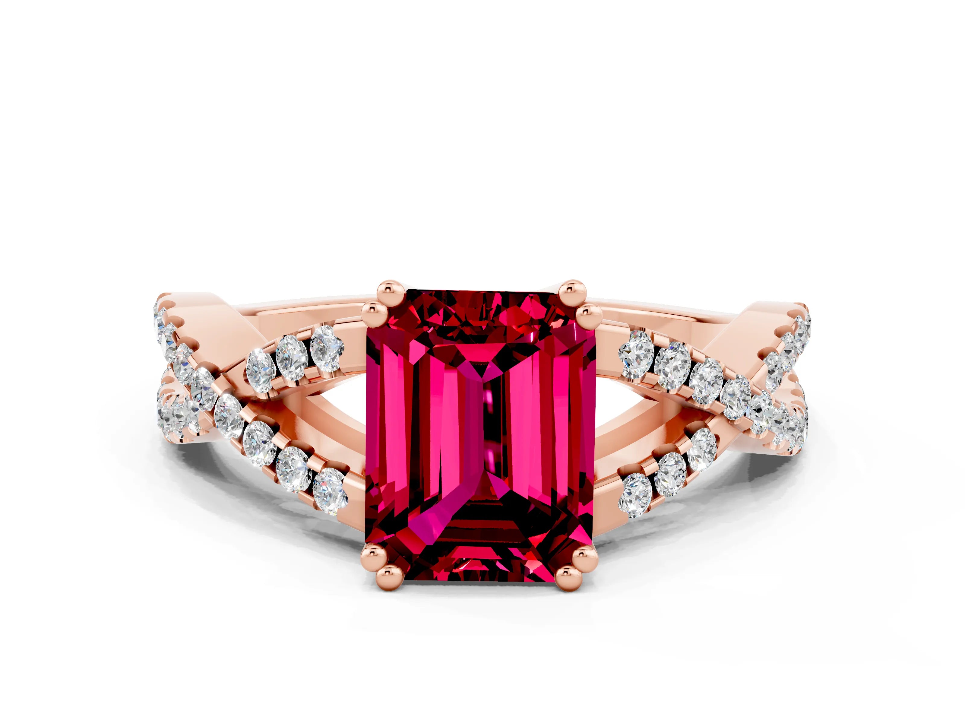 Rose gold Emerald Cut Garnet Solitaire Ring with Four-Prong Setting and Twisted Pavé Band