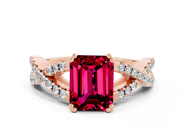 Rose gold Emerald Cut Garnet Solitaire Ring with Four-Prong Setting and Twisted Pavé Band