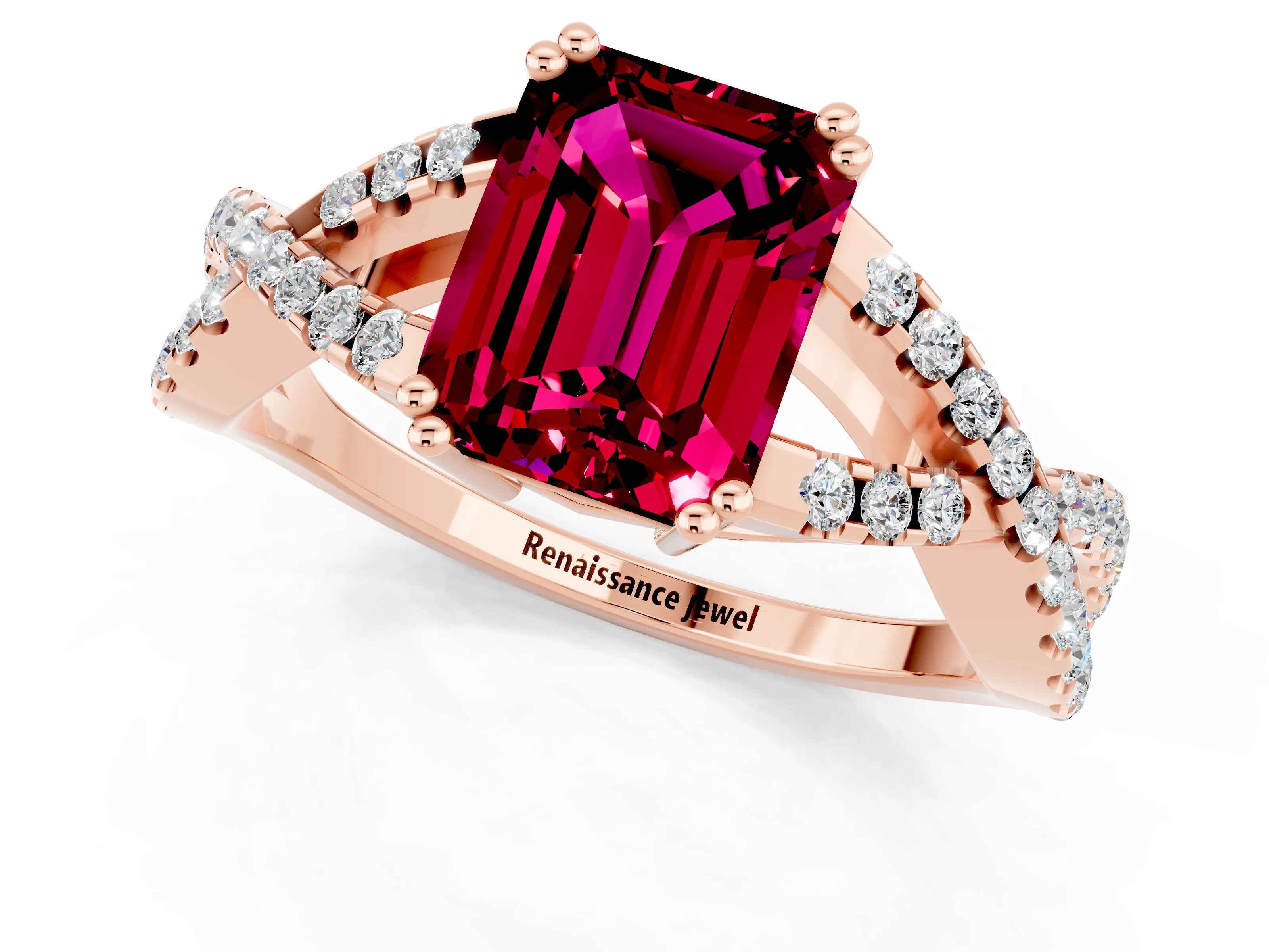 Rose gold Emerald Cut Garnet Solitaire Ring with Four-Prong Setting and Twisted Pavé Band_1
