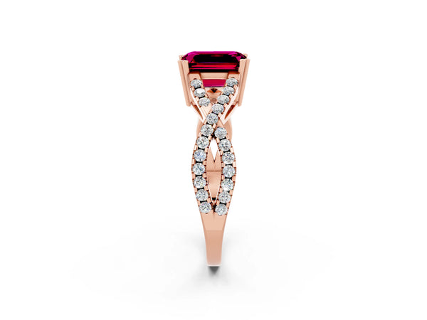 Rose gold Emerald Cut Garnet Solitaire Ring with Four-Prong Setting and Twisted Pavé Band