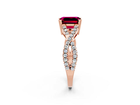 Rose gold Emerald Cut Garnet Solitaire Ring with Four-Prong Setting and Twisted Pavé Band_2