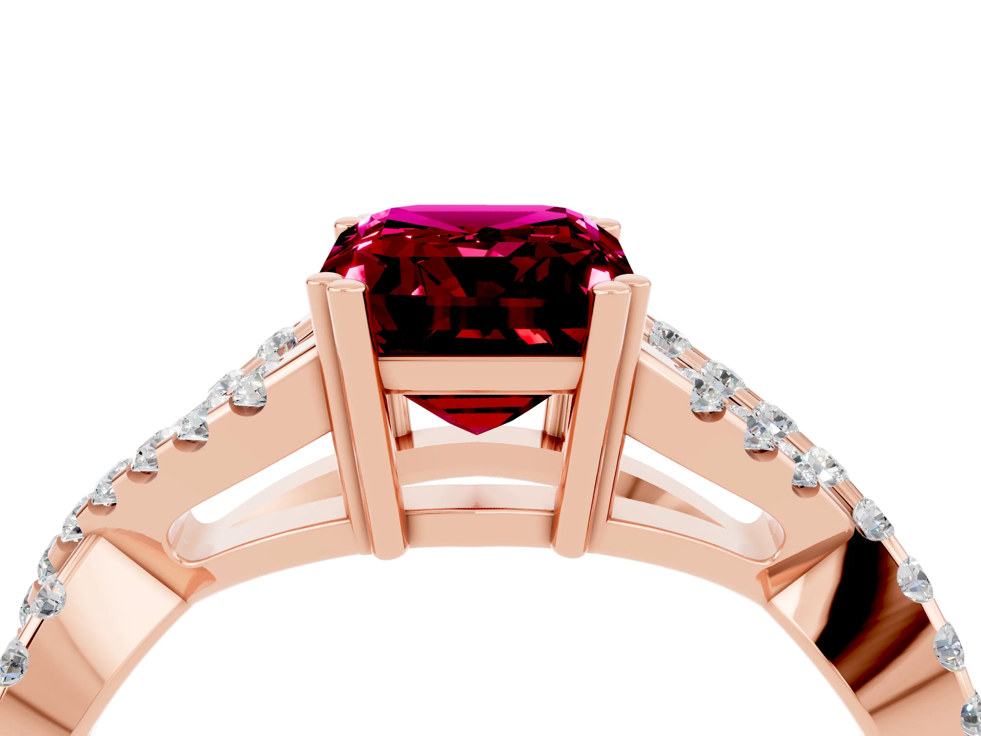 Rose gold Emerald Cut Garnet Solitaire Ring with Four-Prong Setting and Twisted Pavé Band_4