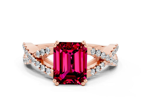 Rose gold Emerald Cut Garnet Solitaire Ring with Four-Prong Setting and Twisted Pavé Band