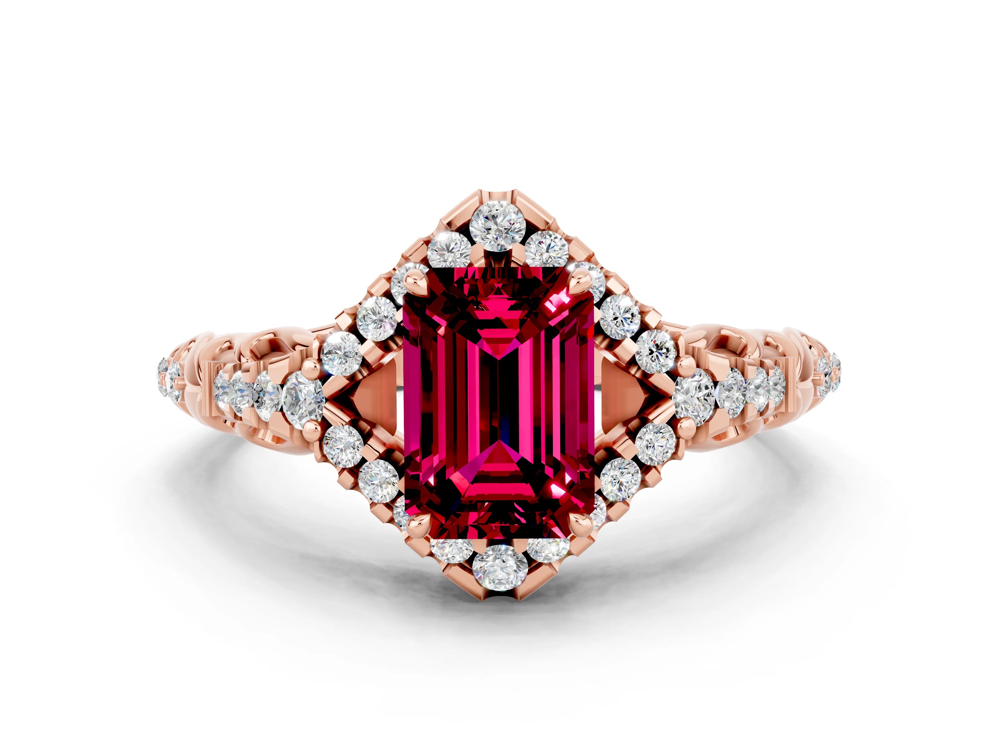Rose gold Emerald Cut Garnet Solitaire Ring with Hidden Halo and Pavé Band_12