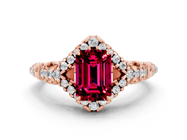 Rose gold Emerald Cut Garnet Solitaire Ring with Hidden Halo and Pavé Band