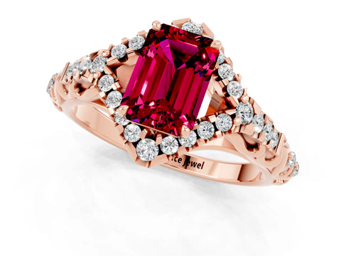 Rose gold Emerald Cut Garnet Solitaire Ring with Hidden Halo and Pavé Band_13