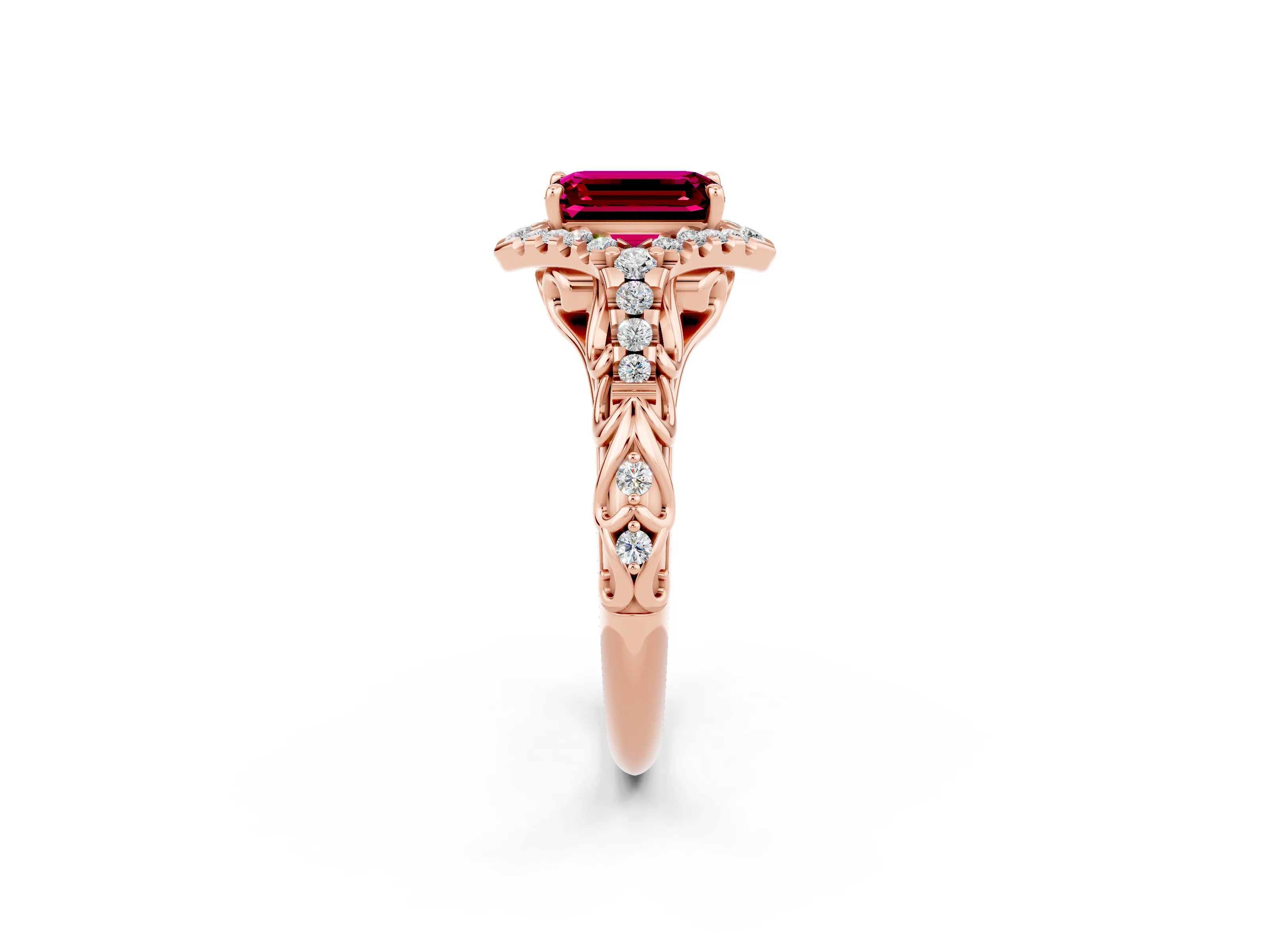 Rose gold Emerald Cut Garnet Solitaire Ring with Hidden Halo and Pavé Band_14