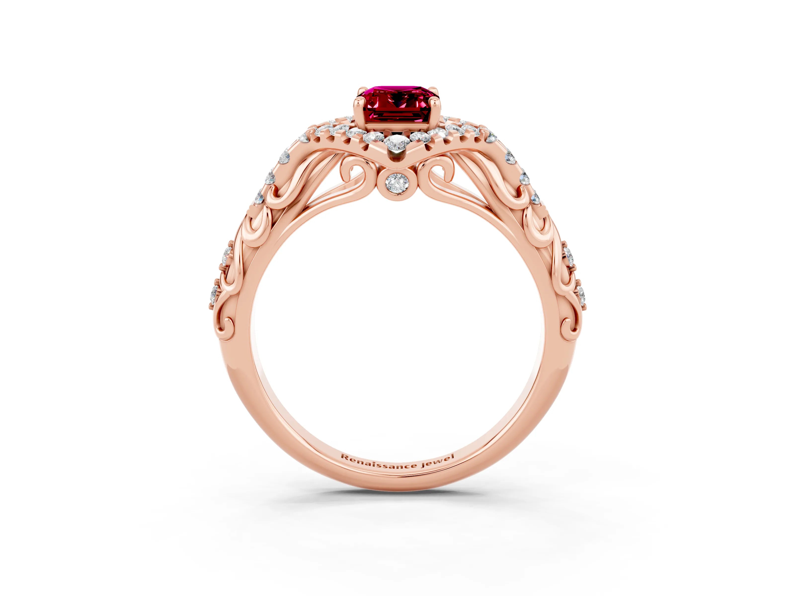 Rose gold Emerald Cut Garnet Solitaire Ring with Hidden Halo and Pavé Band_15