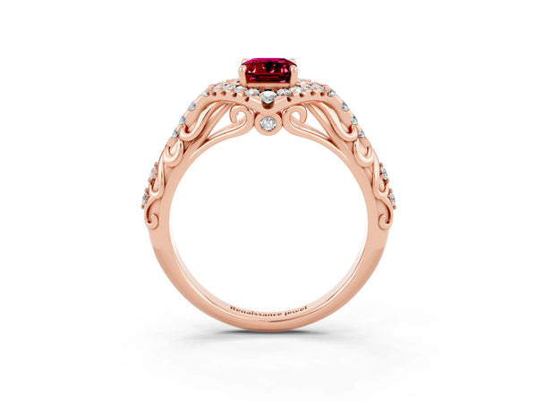 Rose gold Emerald Cut Garnet Solitaire Ring with Hidden Halo and Pavé Band
