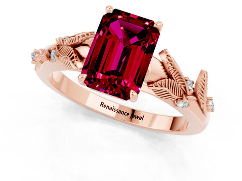 Rose gold Emerald Cut Garnet Solitaire Ring with Leaf Motif Band and Four-Prong Setting_1