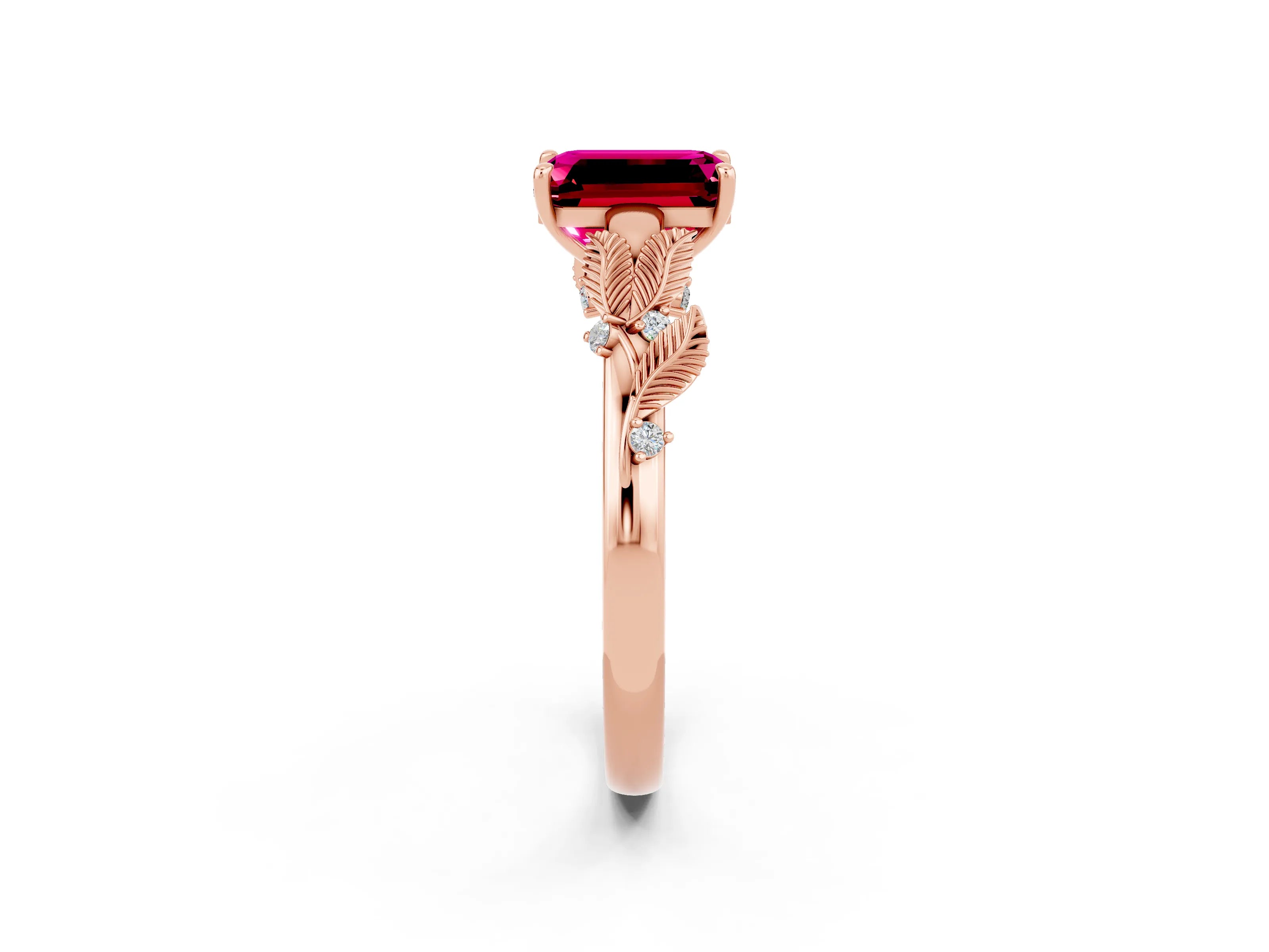 Rose gold Emerald Cut Garnet Solitaire Ring with Leaf Motif Band and Four-Prong Setting_2