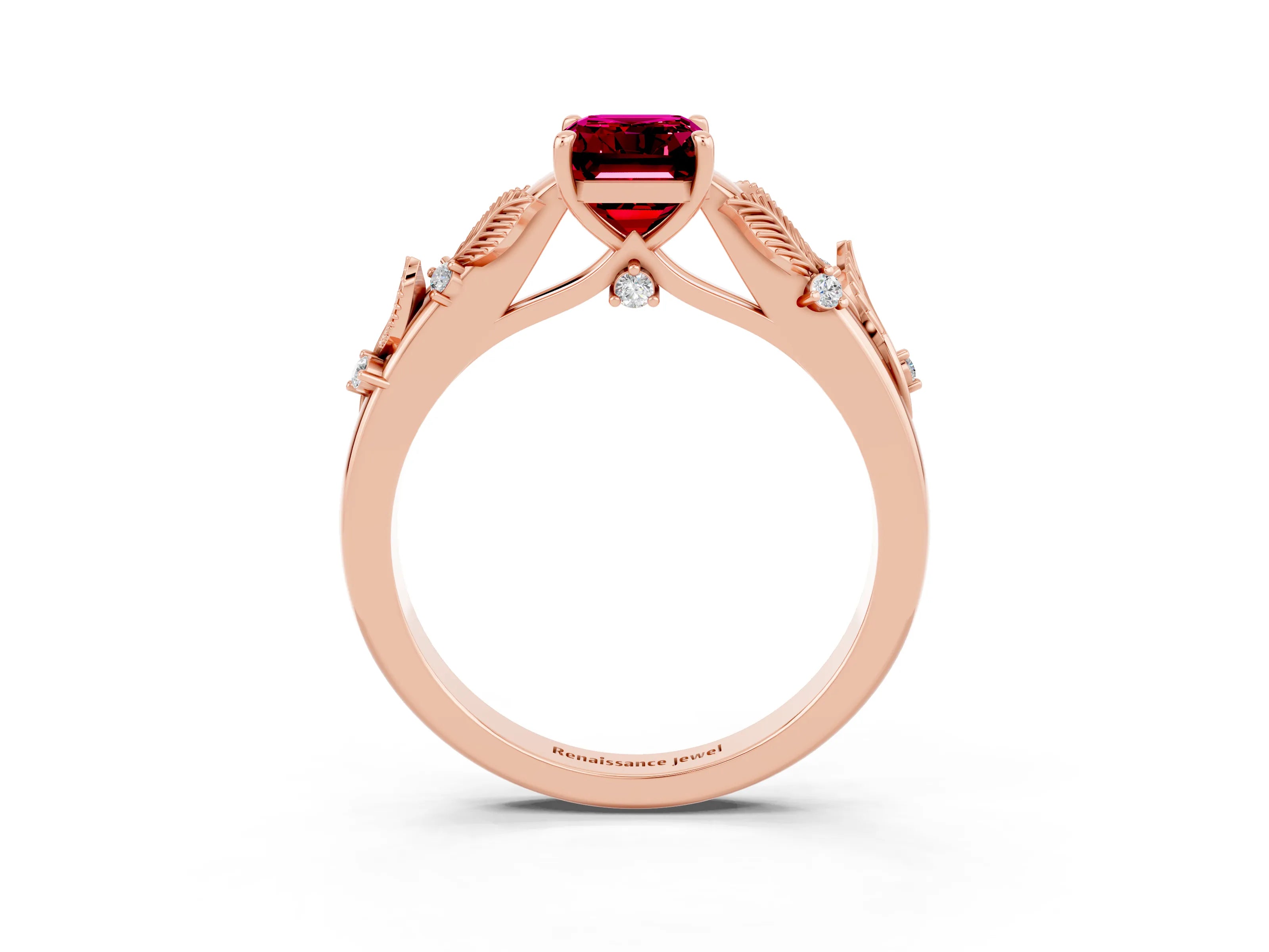 Rose gold Emerald Cut Garnet Solitaire Ring with Leaf Motif Band and Four-Prong Setting_3