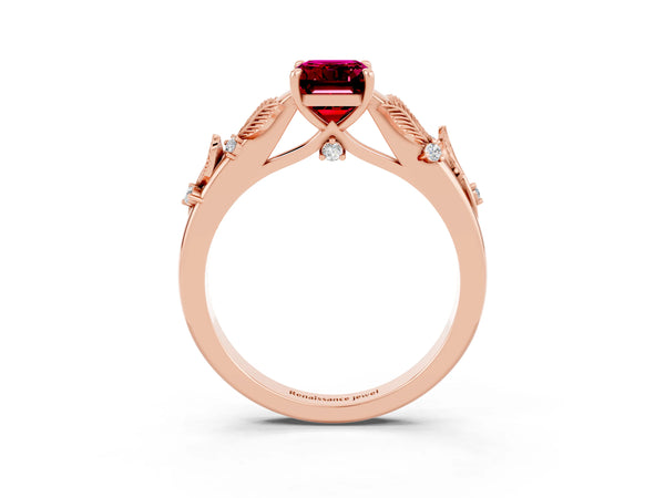 Rose gold Emerald Cut Garnet Solitaire Ring with Leaf Motif Band and Four-Prong Setting