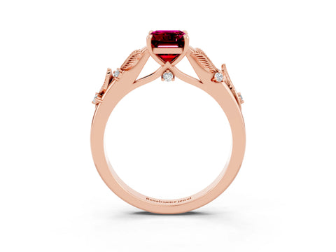 Rose gold Emerald Cut Garnet Solitaire Ring with Leaf Motif Band and Four-Prong Setting_3