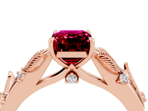 Rose gold Emerald Cut Garnet Solitaire Ring with Leaf Motif Band and Four-Prong Setting_4