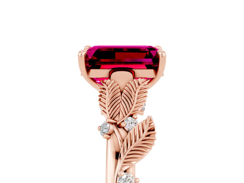 Rose gold Emerald Cut Garnet Solitaire Ring with Leaf Motif Band and Four-Prong Setting_5