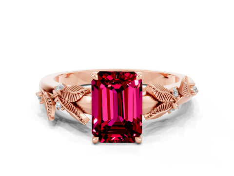 Rose gold Emerald Cut Garnet Solitaire Ring with Leaf Motif Band and Four-Prong Setting