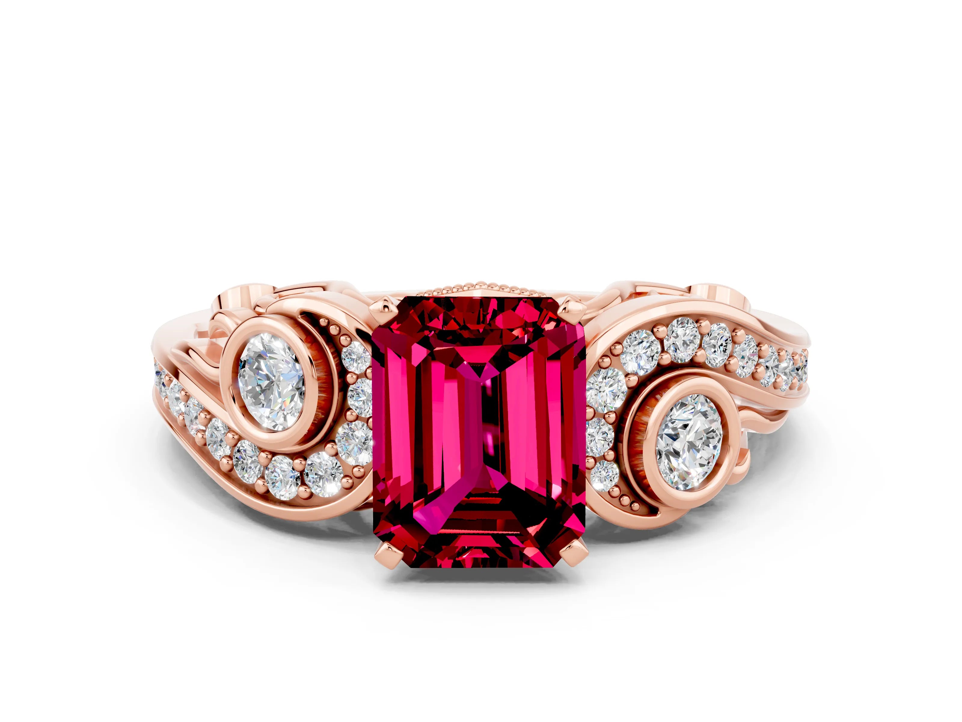 Rose gold Emerald Cut Garnet Solitaire Ring with Milgrain Pavé Band and Four-Prong Setting_24