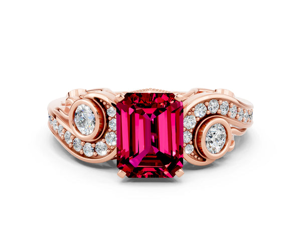 Rose gold Emerald Cut Garnet Solitaire Ring with Milgrain Pavé Band and Four-Prong Setting