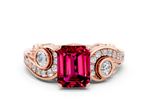 Rose gold Emerald Cut Garnet Solitaire Ring with Milgrain Pavé Band and Four-Prong Setting_24