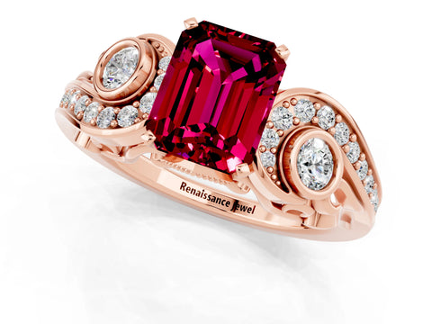 Rose gold Emerald Cut Garnet Solitaire Ring with Milgrain Pavé Band and Four-Prong Setting_25