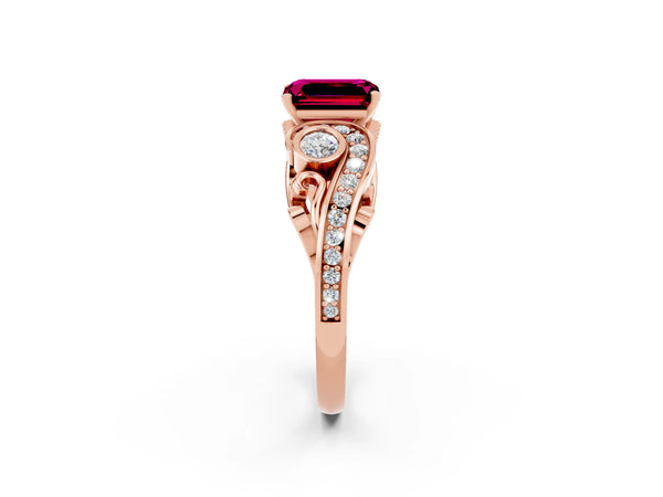 Rose gold Emerald Cut Garnet Solitaire Ring with Milgrain Pavé Band and Four-Prong Setting