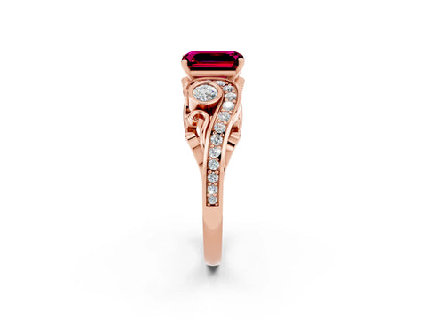Rose gold Emerald Cut Garnet Solitaire Ring with Milgrain Pavé Band and Four-Prong Setting_26