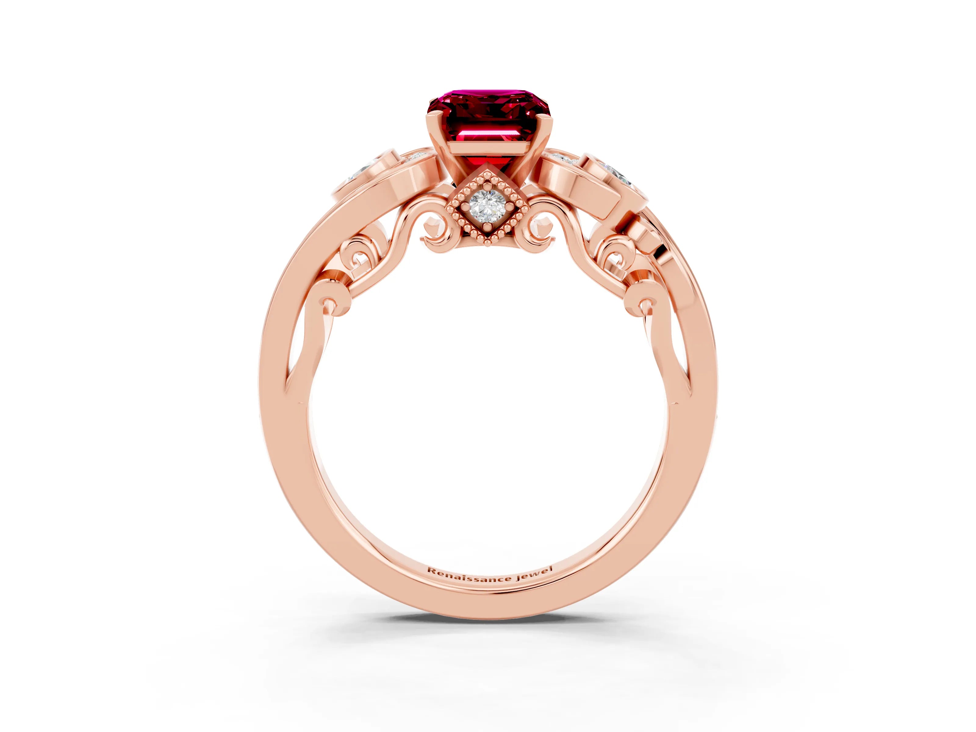 Rose gold Emerald Cut Garnet Solitaire Ring with Milgrain Pavé Band and Four-Prong Setting_27