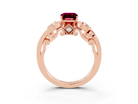 Rose gold Emerald Cut Garnet Solitaire Ring with Milgrain Pavé Band and Four-Prong Setting_27
