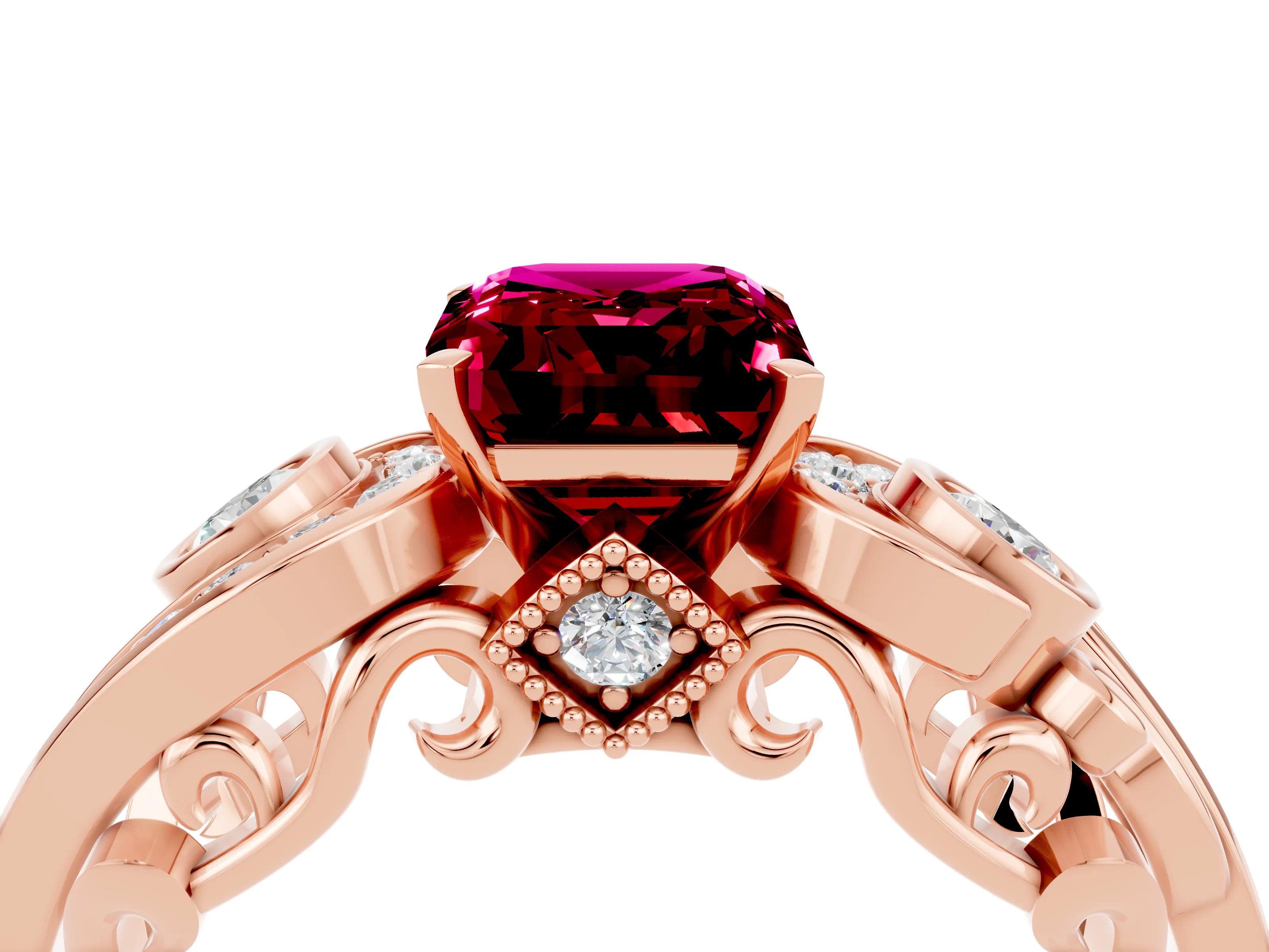 Rose gold Emerald Cut Garnet Solitaire Ring with Milgrain Pavé Band and Four-Prong Setting_28