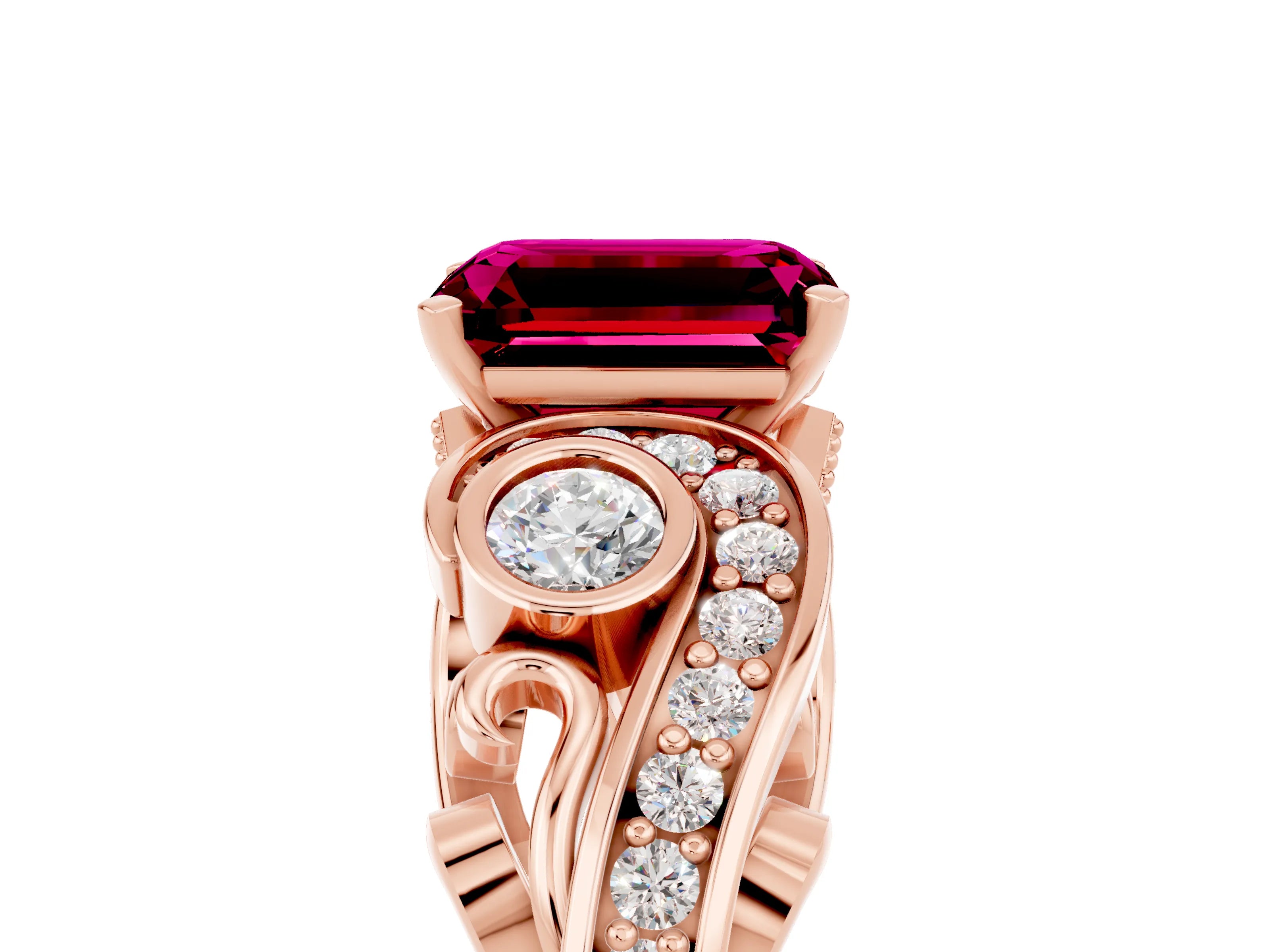 Rose gold Emerald Cut Garnet Solitaire Ring with Milgrain Pavé Band and Four-Prong Setting_29