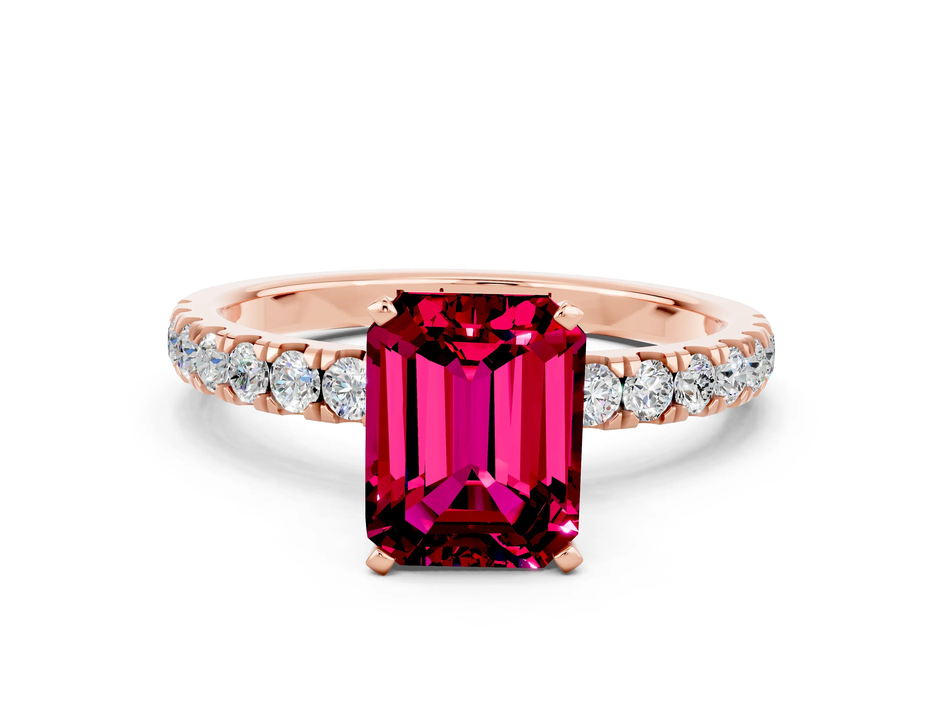 Rose gold Emerald Cut Garnet Solitaire Ring with Pavé Accents and Four-Prong Setting