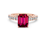 Rose gold Emerald Cut Garnet Solitaire Ring with Pavé Accents and Four-Prong Setting