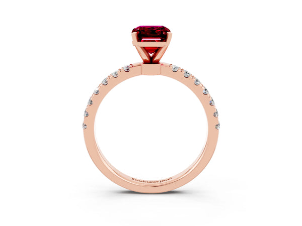 Rose gold Emerald Cut Garnet Solitaire Ring with Pavé Accents and Four-Prong Setting