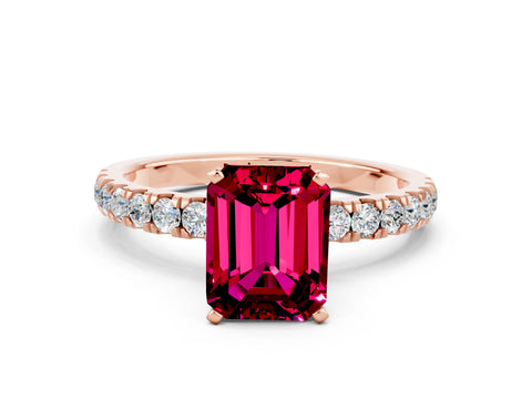 Rose gold Emerald Cut Garnet Solitaire Ring with Pavé Accents and Four-Prong Setting