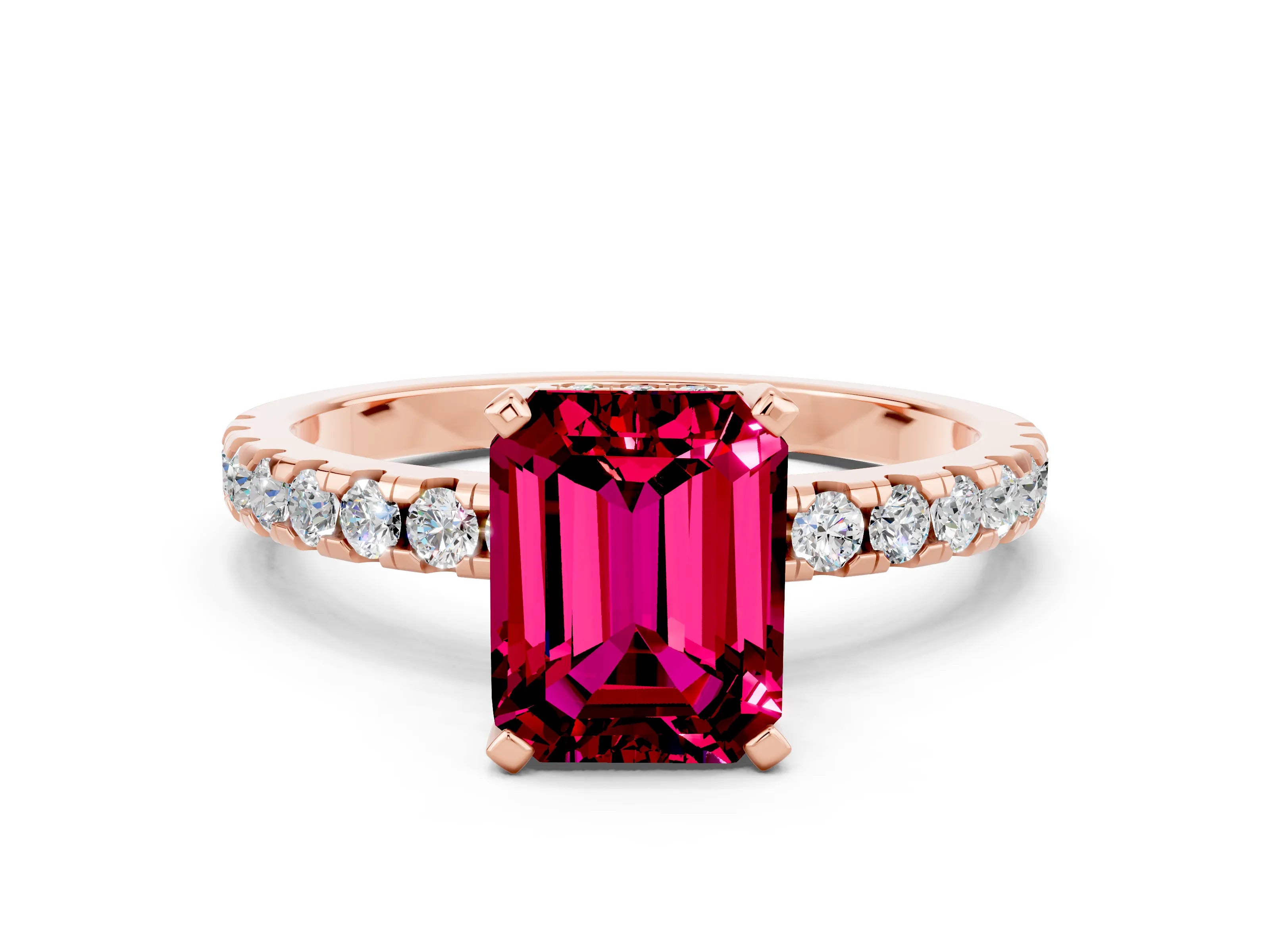 Rose gold Emerald Cut Garnet Solitaire Ring with Pavé Band and Four-Prong Setting_24