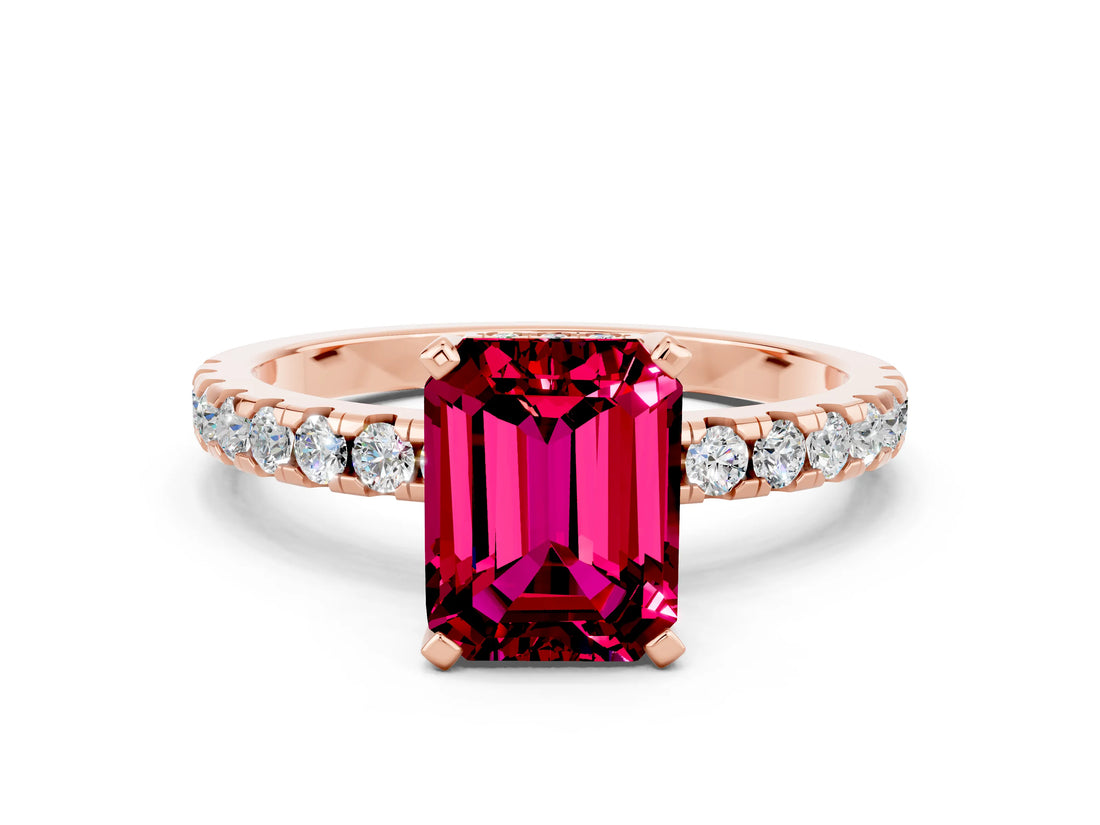 Rose gold Emerald Cut Garnet Solitaire Ring with Pavé Band and Four-Prong Setting_24