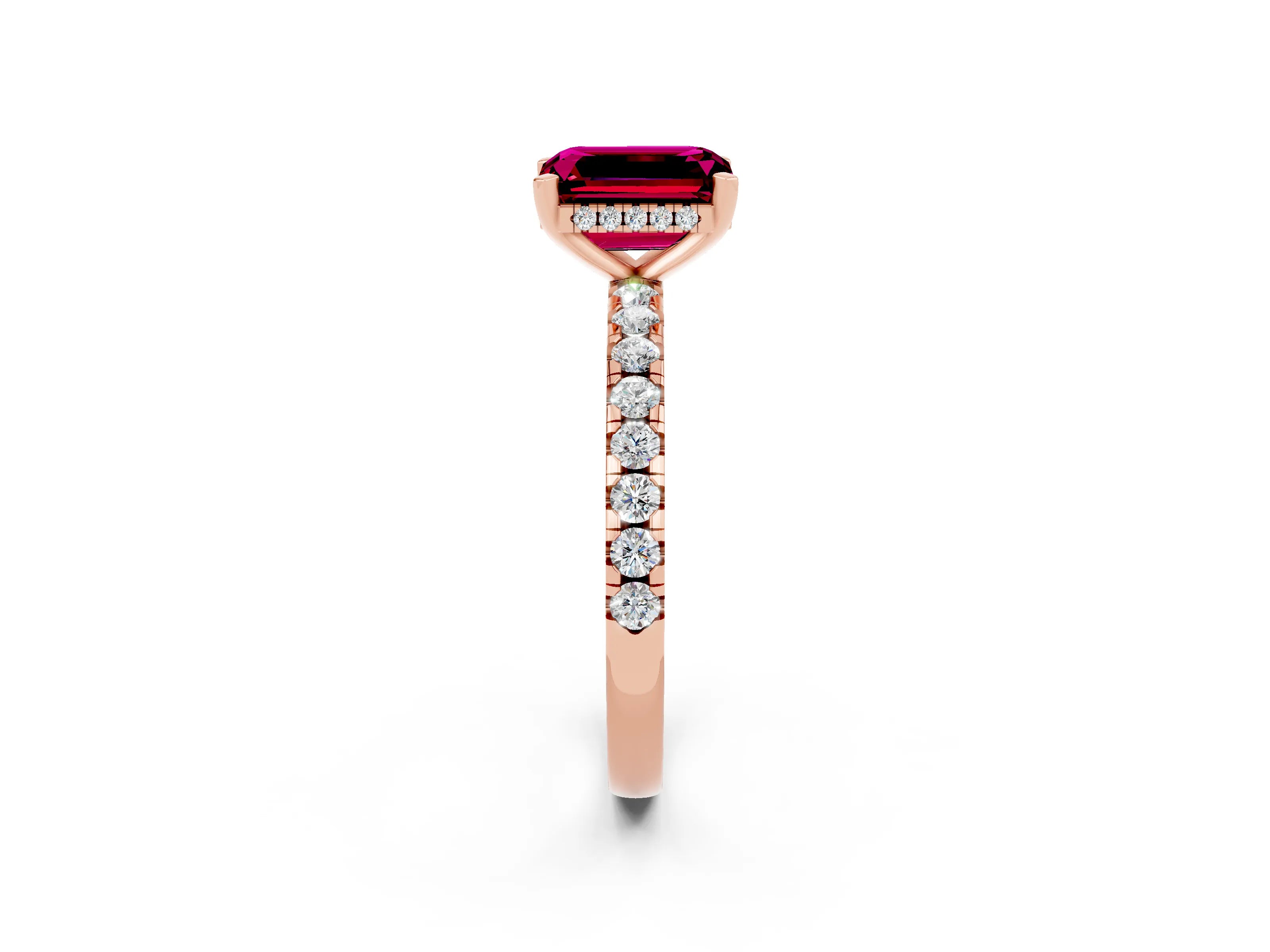 Rose gold Emerald Cut Garnet Solitaire Ring with Pavé Band and Four-Prong Setting_26