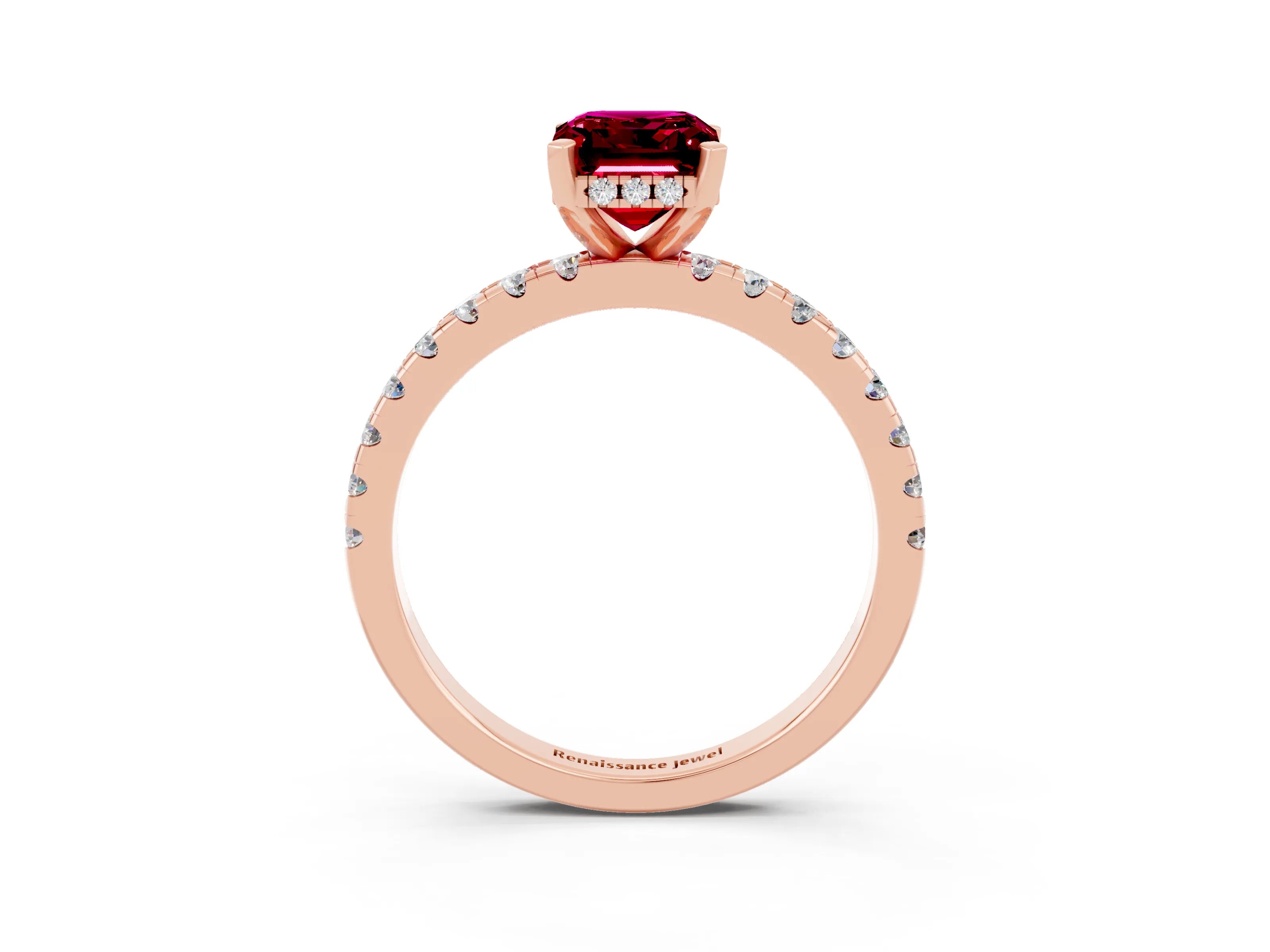 Rose gold Emerald Cut Garnet Solitaire Ring with Pavé Band and Four-Prong Setting_27