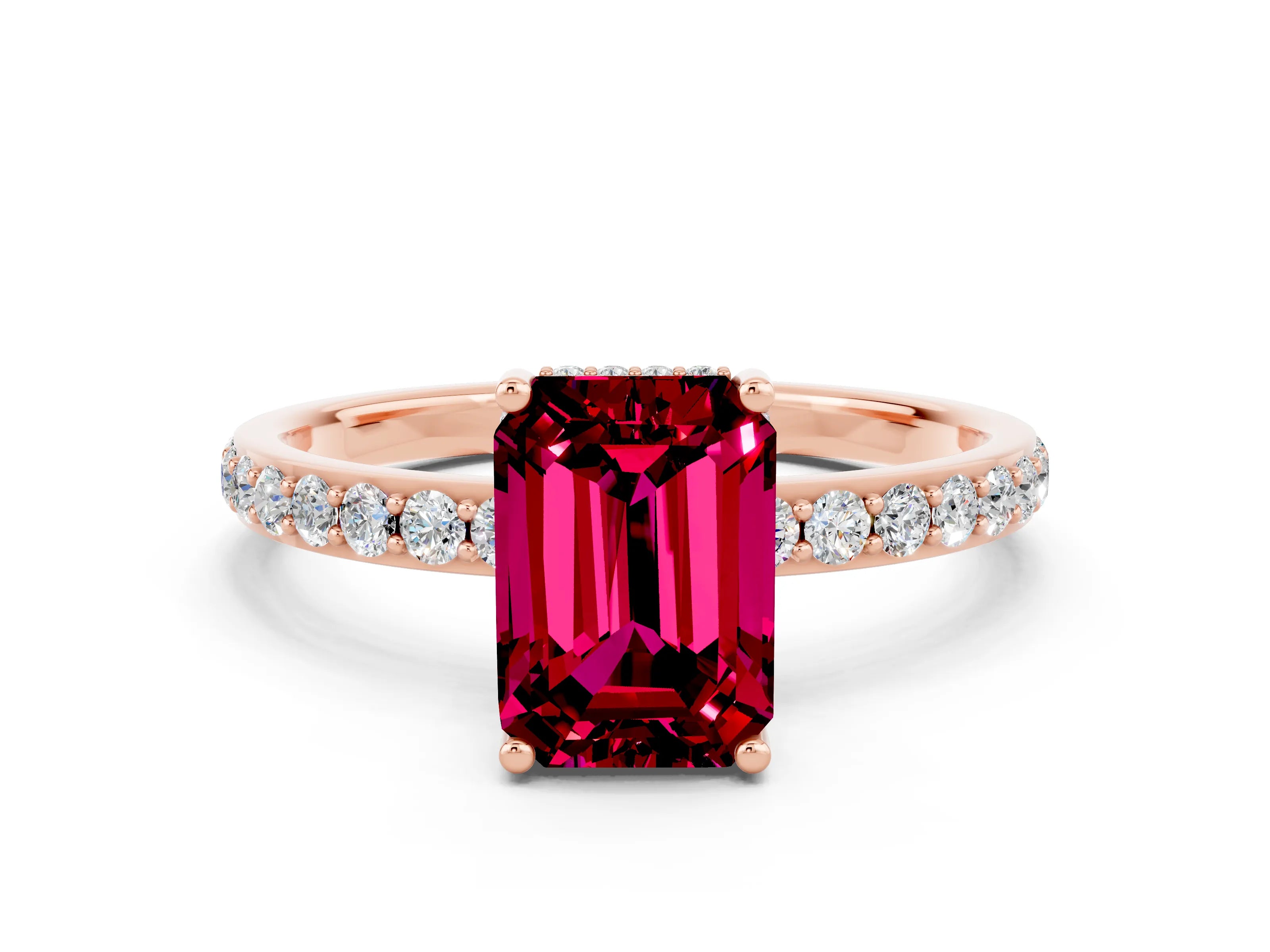 Rose gold Emerald Cut Garnet Solitaire Ring with Pavé Band and Hidden Halo_12