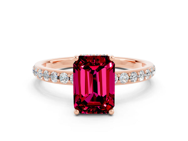 Rose gold Emerald Cut Garnet Solitaire Ring with Pavé Band and Hidden Halo