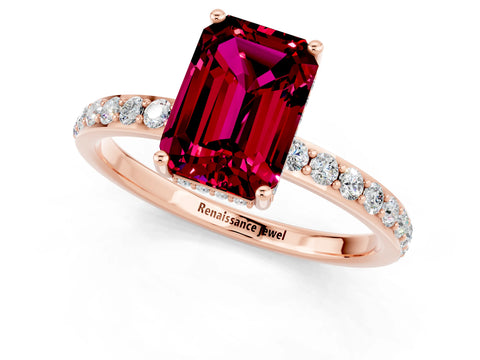 Rose gold Emerald Cut Garnet Solitaire Ring with Pavé Band and Hidden Halo_13